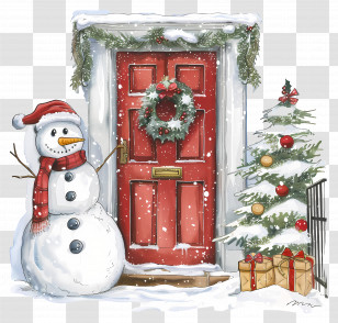 Snowman And Red Door With Christmas Decor - Snowman And Red Door With Christmas Decorations Transparent PNG