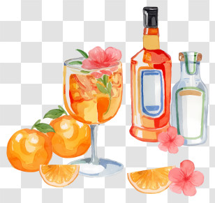 Cocktail - Orange Cocktail With Bottles And Flowers Transparent PNG