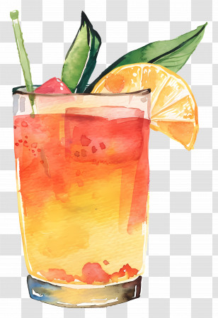 Cocktail - Watercolor Cocktail With Orange And Leaves Transparent PNG