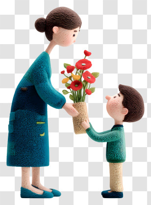Giving Flowers To Mother - Mother And Child With Flowers Transparent PNG