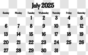 July 2025 Calendar - July 2026 Monthly Calendar Transparent PNG