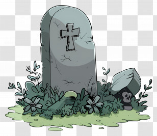 Graveyard Tombstone - Gravestone With Engraved Cross And Plants Transparent PNG