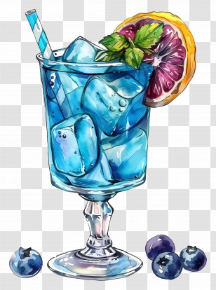 Blue Cocktail - Refreshing Blue Cocktail With Ice And Citrus Slice Transparent PNG