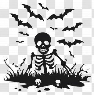 Halloween Silhouette - Skeleton Emerging From Grave With Bats Transparent PNG