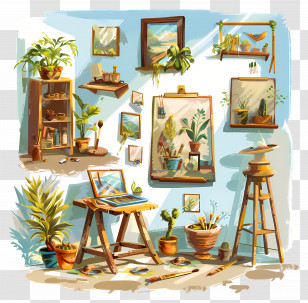 Art Studio - Cozy Art Studio With Paintings And Plants Transparent PNG
