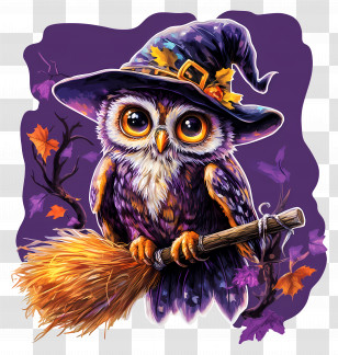 Halloween Owl - Magical Owl With Wizard Hat And Broom Transparent PNG