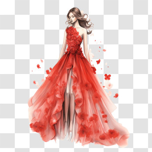 Wedding Dress - Graceful Woman In Red Floral Gown Illustration Transparent PNG