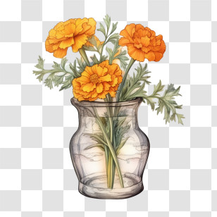 Marigold Flower - Yellow Flowers In Glass Vase Transparent PNG