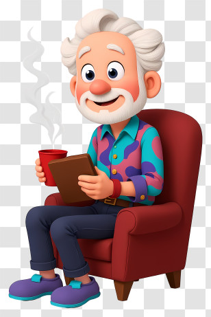 Elderly Woman Reading Book - Cozy Grandpa Reading With Coffee Illustration Transparent PNG