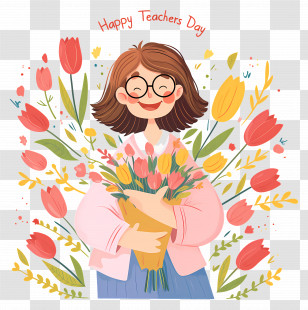 Happy Teachers Day - Happy Teacher Holding Flowers For Teachers Day Transparent PNG
