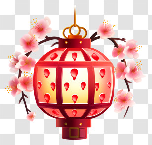 Lantern - Red Chinese Lantern With Cherry Blossoms For Festivals Transparent PNG