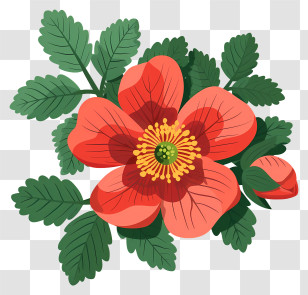 Blooming Rosehip Flower - Bright Red Flower With Green Leaves Transparent PNG