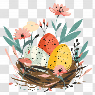 Easter Egg Nest With Flowers - Easter Egg Nest With Flowers Transparent PNG