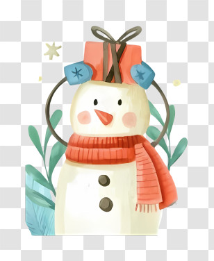 Watercolor Illustration - Snowman With Scarf And Gift Transparent PNG