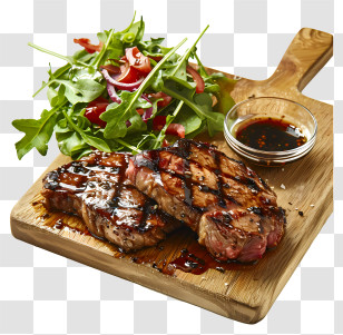 Steak - Grilled Steak With Fresh Salad On Wooden Board Transparent PNG