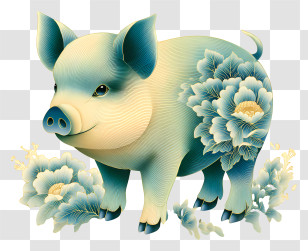 Chinese Zodiac - Cute Teal Floral Piglet Illustration Transparent PNG