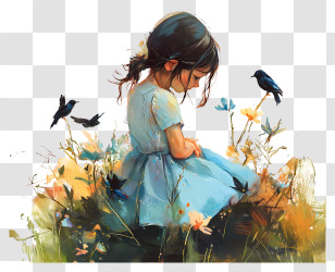 Childhood - Girl In Blue Dress With Birds And Flowers Transparent PNG