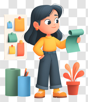 Girl Choosing Printing House - Cartoon Girl Planning With Notes Transparent PNG
