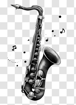 Saxophone With Melody Line - Black And White Saxophone Illustration Transparent PNG