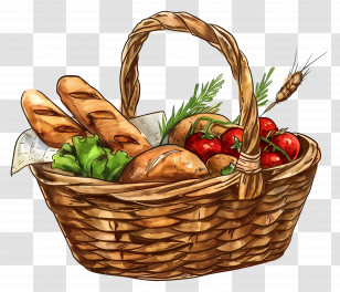 Food Basket - Rustic Basket With Bread And Vegetables Illustration Transparent PNG