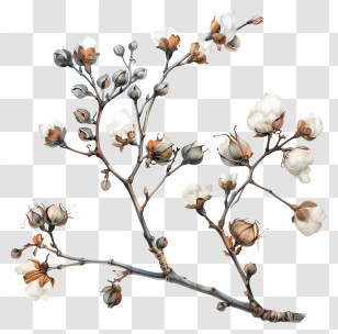Fluffy Cotton Twig - Botanical Cotton Branch Illustration Transparent PNG
