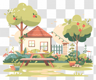 Summer Yard - Cozy Garden With House And Trees Transparent PNG