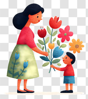Giving Flowers To Mother - Mother And Child With Flowers Illustration Transparent PNG