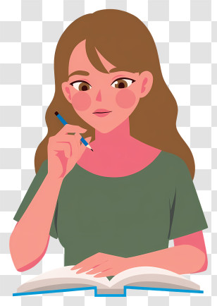 Woman Writing With Pencil - Girl Studying With Book Illustration Transparent PNG
