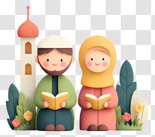 Muslim Couple Reading Al Quran - Couple Reading Near Mosque Transparent PNG
