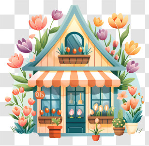 Spring Flower Store - Flowers Adorning A Cute House Exterior Transparent PNG