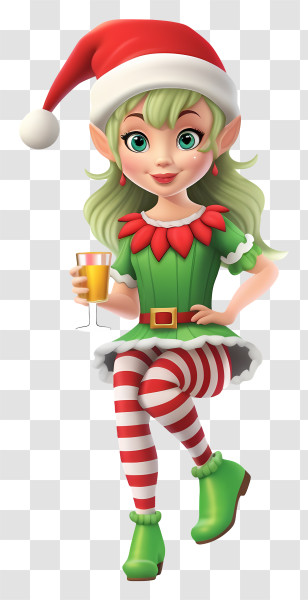 Elf Costume - Cheerful Christmas Elf With Festive Drink Transparent PNG