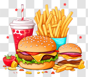 Cartoon Fast Food - Delicious Burger Combo With Fries And Soda Transparent PNG