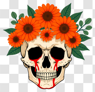 Halloween Skull Flowers - Skull With Flowers Illustration Transparent PNG