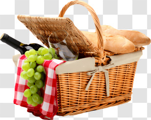 Picnic Basket - Picnic Basket With Bread, Grapes, And Wine Transparent PNG