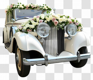 Wedding Car - Vintage Wedding Car With Floral Decorations Transparent PNG