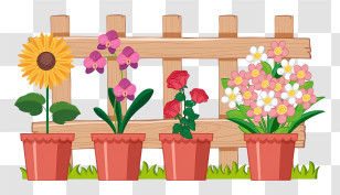 Potted Flowers - Potted Flowers In Front Of A Wooden Fence Transparent PNG