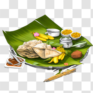 Onam Sadya Food - Traditional Meal Served On Banana Leaf Transparent PNG