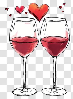 Hand Drawn Valentine Wine Glasses - Romantic Wine Glasses With Hearts Transparent PNG