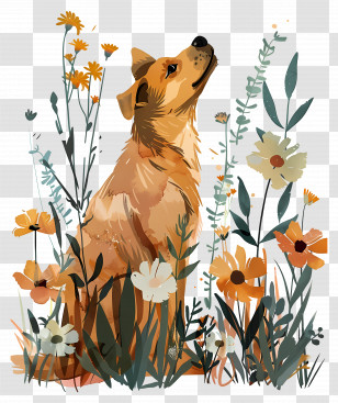 Dog - Dog Sitting Among Flowers Transparent PNG