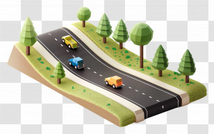 Horizontal Road - Low Poly Road With Cars And Trees Illustration Transparent PNG