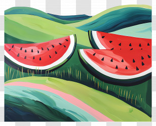 Watermelon Field - Artistic Watermelon Slices With Grass Background Transparent PNG