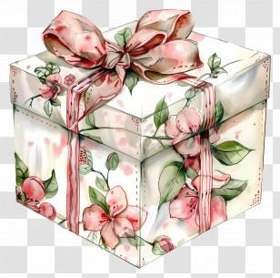 Floral Gift Box With Bow - Beautiful Floral Gift Box With Ribbon Bow Transparent PNG