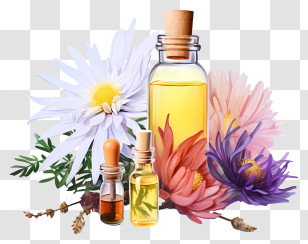 Realistic Flower Essences Therapy - Essential Oil Bottles With Colorful Flowers Transparent PNG