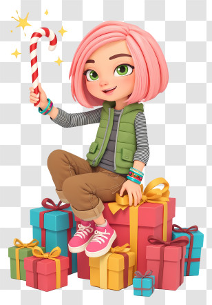 Girl With Candy Cane - Holiday Girl With Gifts Transparent PNG