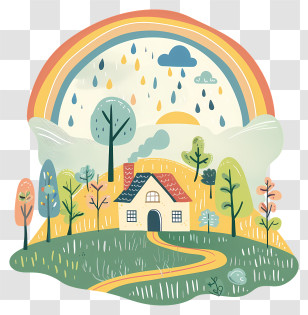 Rainy Landscape - Whimsical House With Rainbow And Nature Transparent PNG