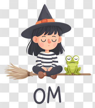 Witch Sitting On Broom - Meditating Witch On Broom With Frog Transparent PNG