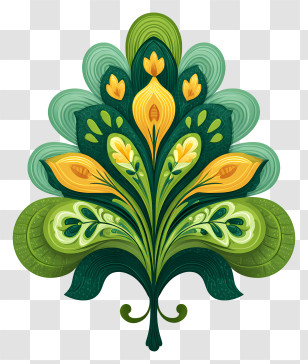 Ornate Leaf - Green Floral Pattern With Yellow Accents Transparent PNG