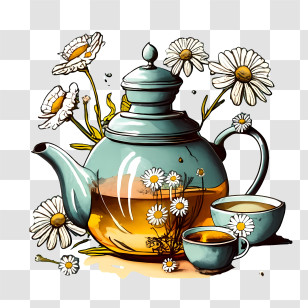 Chamomile Tea - Chamomile Tea Set With Floral Decorations Transparent PNG