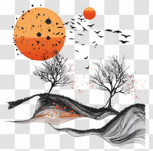 Line Dot - Sunset Landscape With Trees And Birds Transparent PNG