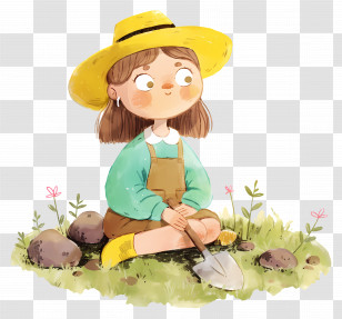 Little Girl Planting Flowers - Girl Gardening With Hat And Shovel Transparent PNG